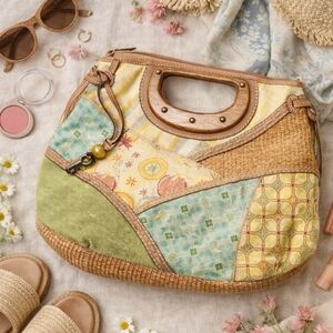 Vintage Fossil Patchwork Straw Tote Boho Wooden Handle Large Shoulder Bag